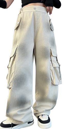 SEAUR Kinder Mädchen Jeans Cargo Hose Y2K Baggy Multi Taschen Cargohose Gummibund Jeanshose Hip Hop Hose Streetwear Freizeit Vintage - 150(140-146) von SEAUR