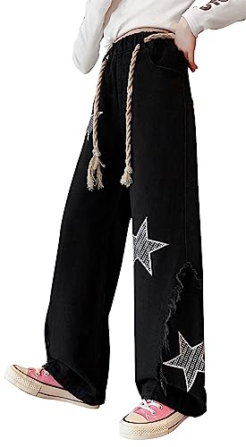 SEAUR Kinder Mädchen Jeans Sterne Baggy Hosen High Waist Weites Bein Bootcut Jeanshose Loch Vintage Denim Jeans Lang Gummibund 116/122 (5-6 Jahre) von SEAUR