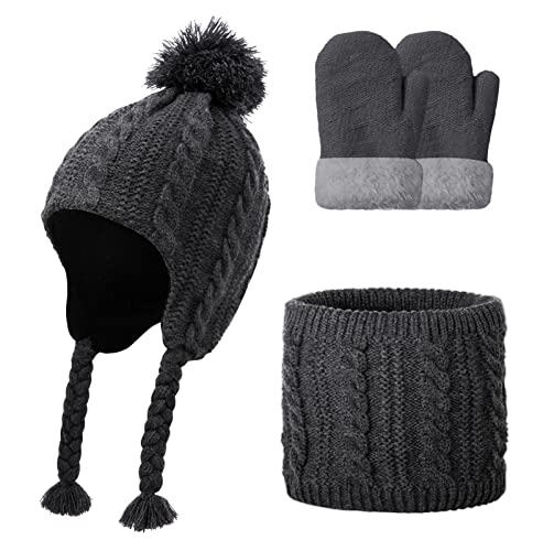 SEAUR Kinder Mütze Schal Handschuhe Set Jungen Mädchen Strickmütze mit Ohren Herbst Winter 1-6 Jahre von SEAUR