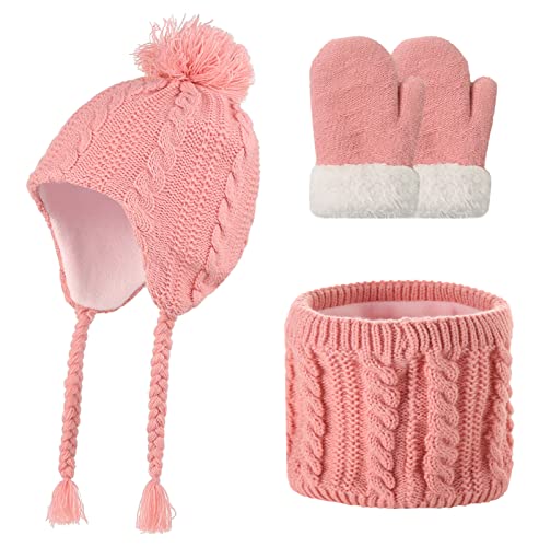 SEAUR Kinder Mütze Schal Handschuhe Set Jungen Mädchen Strickmütze mit Ohren Herbst Winter 1-6 Jahre von SEAUR