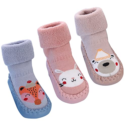 SEAUR Kleinkind Drinnen Hüttenschuhe 3 Paar Baby Boden Socken mit Süßem Muster Anti-Rutsch Baby Hausschuhe für Herbst Winter Farbe 8 18-24 Monate von SEAUR