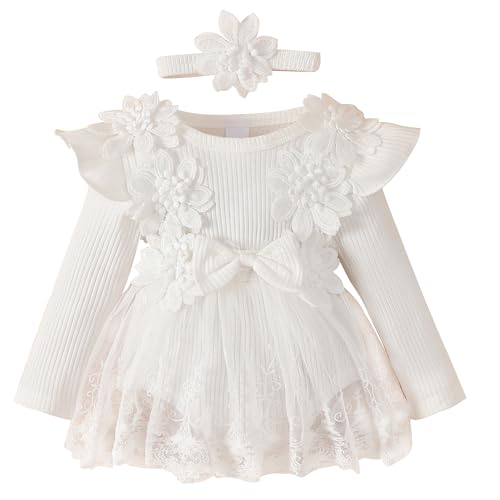 SEAUR Kleinkind Kleidung Sommer Weißes Kleid Baby Langarm Kleid Rundhalsausschnitt Baby Festkleid Langarm 6-9 M von SEAUR