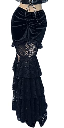 SEAUR Langer Rock Damen Fischschwanz Spitze Maxirock Patchwork Samt Gothic Röcke Steampunk Punk Goth Rock Party Club Wear Schwarz - L von SEAUR