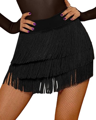 SEAUR Latein Rock Damen Fransen Tanzrock mit Shorts Tango Rumba Cha Cha Samba Training Tanzkleidung Rocklänge 38-39cm - EU M (Asie L) von SEAUR
