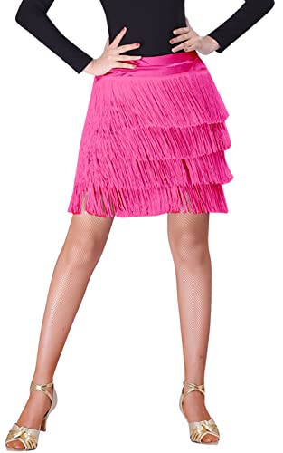 SEAUR Latein Tanzrock Damen Bauchtanz Hüfttuch Fransen Rock Ballsaal Rumba Cha Cha Samba Tanzkleid Rose Rot - XXL von SEAUR