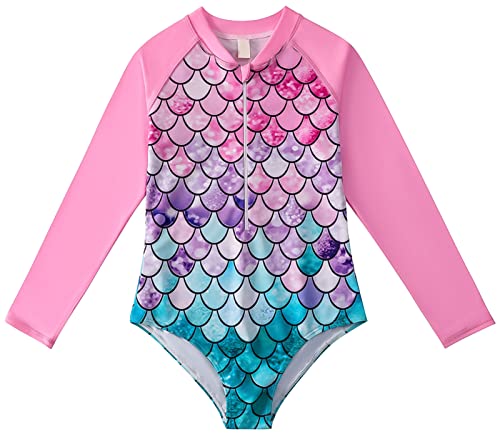 SEAUR Mädchen Badeanzug Kinder Langarm Einteiliger Rash Guard Meerjungfrau Schwimmanzug Reißverschluss Swimsuit Strand Bademode - 130 von SEAUR
