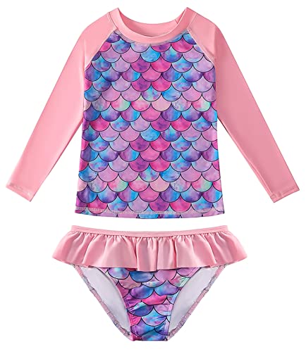 SEAUR Mädchen Badeanzug Kinder Langarm Zweiteiliger Rash Guard Meerjungfrau Schwimmanzug mit Schwimmrock Swimsuit Strand Bademode - 130 von SEAUR