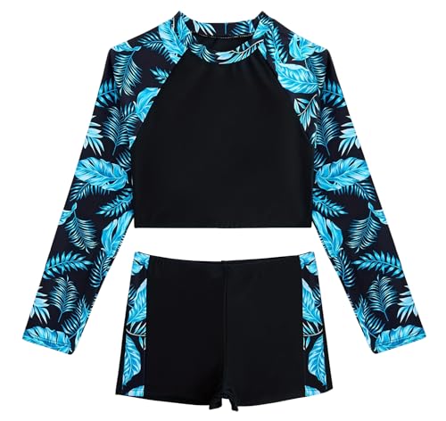 SEAUR Mädchen Badebekleidung Kinder Zweiteiliger Badeanzug Sonnenschutz Schwimmanzug Rashguard Set Bauchfrei Langarm Schwimmshirt Badeshorts - 130 von SEAUR