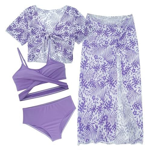 SEAUR Mädchen Badebekleidung mit Gepolstert Kinder Sonnenschutz Badeanzug mit Rock Verstellbar Schultergurte Bikini Set Strand Schwimmanzug Lila 12J von SEAUR