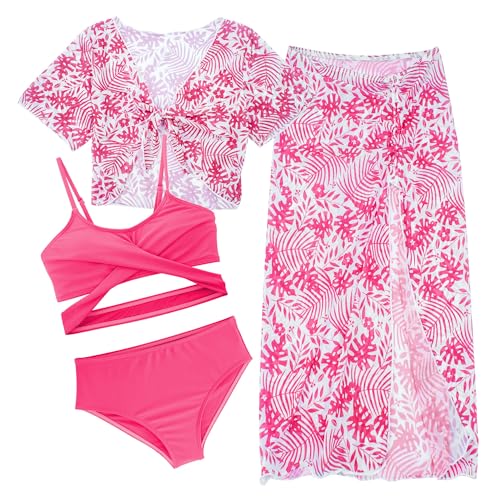 SEAUR Mädchen Badebekleidung mit Gepolstert Kinder Sonnenschutz Badeanzug mit Rock Verstellbar Schultergurte Bikini Set Strand Schwimmanzug Rosa 12J von SEAUR