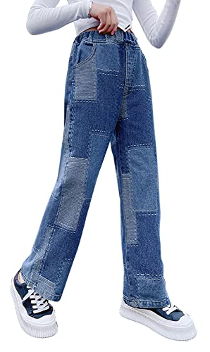 SEAUR Mädchen Baggy Jeans Cargo Hosen Weites Bein Schlaghose Casual Vintage Teenager Cargohose 120-170cm Gummibund Bootcut Gerade Denim Jeanshose - 11-12 Jahre von SEAUR