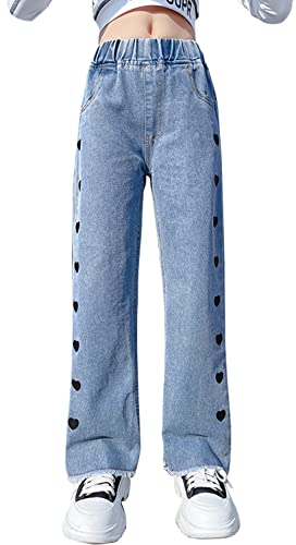 SEAUR Mädchen Baggy Jeans Cargo Hosen Weites Bein Schlaghose Casual Vintage Teenager Cargohose 120-170cm Gummibund Bootcut Gerade Denim Jeanshose - 11-12 Jahre von SEAUR