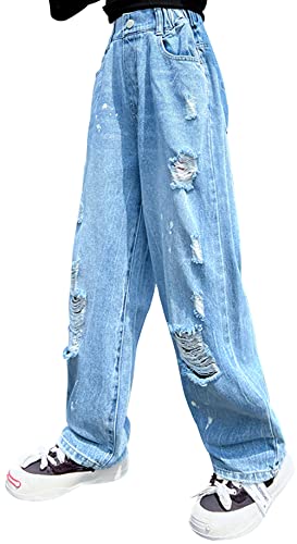 SEAUR Mädchen Baggy Jeans Cargo Hosen Weites Bein Schlaghose Casual Vintage Teenager Cargohose 120-170cm Gummibund Bootcut Gerade Denim Jeanshose - 11-12 Jahre von SEAUR