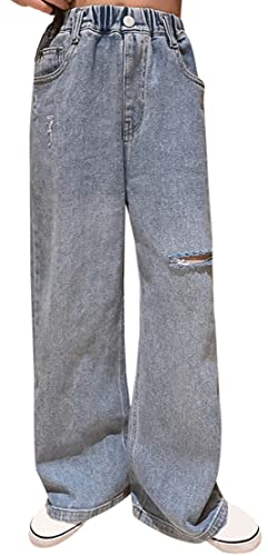 SEAUR Mädchen Baggy Jeans Cargo Hosen Weites Bein Schlaghose Casual Vintage Teenager Cargohose 120-170cm Gummibund Bootcut Gerade Denim Jeanshose - 11-12 Jahre von SEAUR