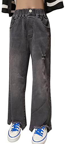 SEAUR Mädchen Baggy Jeans Cargo Hosen Weites Bein Schlaghose Casual Vintage Teenager Cargohose 120-170cm Gummibund Bootcut Gerade Denim Jeanshose Schwarz - 11-12 Jahre von SEAUR