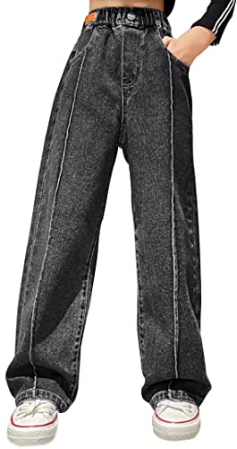 SEAUR Mädchen Baggy Jeans Cargo Hosen Weites Bein Schlaghose Casual Vintage Teenager Cargohose 120-170cm Gummibund Bootcut Gerade Denim Jeanshose Schwarz - 11-12 Jahre von SEAUR