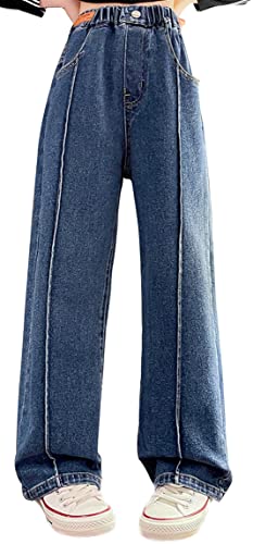 SEAUR Mädchen Baggy Jeans Cargo Hosen Weites Bein Schlaghose Casual Vintage Teenager Cargohose 120-170cm Gummibund Bootcut Gerade Denim Jeanshose Schwarz - 11-12 Jahre von SEAUR