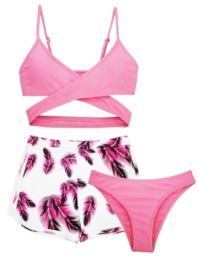 SEAUR Mädchen Bikini Set Kinder Bademode mit Hose 3 Teilig Badeanzug Sommer Strand Schwimmen Bikini Gepolstert Blumendruck 10-11 Jahre von SEAUR