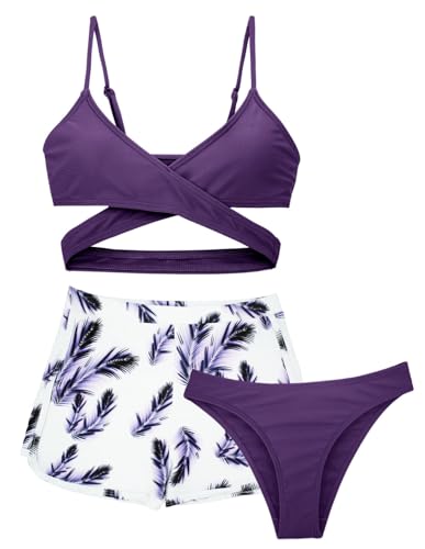 SEAUR Mädchen Bikini Set Kinder Bademode mit Hose 3 Teilig Badeanzug Sommer Strand Schwimmen Bikini Gepolstert Blumendruck 14 Jahre von SEAUR