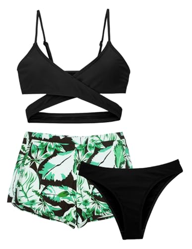 SEAUR Mädchen Bikini mit Hose Set Kinder Badeanzug 3 Teilig Bademode Blumendruck Gepolstert Bikini Sommer Strand Schwimmen 8-9 Jahre von SEAUR