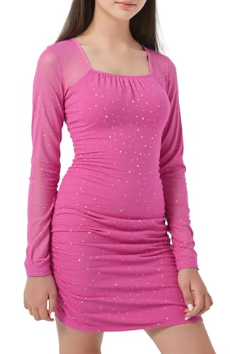 SEAUR Mädchen Festliches Kleid Langarm Mesh Partykleid Eng Bodycon Minikleid Slim Fit Sommerkleider Teenager - 13 Jahre von SEAUR