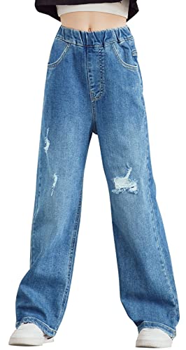 SEAUR Mädchen Jeans Weites Bein Gummibund Bootcut Jeans Casual Cargo Hosen Teenager Baggy Jeans mit Tasche Baumwolle Denim Pants Schlaghose - 140 von SEAUR