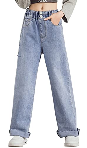 SEAUR Mädchen Jeans Weites Bein Stretch Jeanshose Bootcut Gerade Geschnitten Denim Jeans Casual Lang Hose Blau für Kinder - 134-140 - 8-9 Jahre von SEAUR