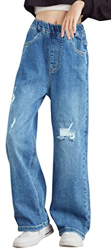 SEAUR Mädchen Jeanshosen Kinder Jeans mit Elastischer Bund Weitem Bein Blaue Jeanshose für Mädchen Blau 1 150 (5XL) von SEAUR