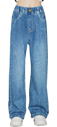 SEAUR Mädchen Jeanshosen Kinder Jeans mit Elastischer Bund Weitem Bein Blaue Jeanshose für Mädchen Blau 2 120 (2XL) von SEAUR