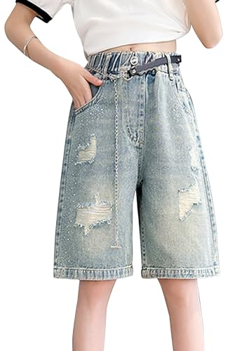 SEAUR Mädchen Locker Zerrissene Short Jeans mit Elastischen Taille Sommer Jeans Kurze Hosen für Teenager Atmungsaktiv Denim Shorts G-Blau 13-14J von SEAUR