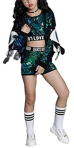 SEAUR Mädchen Pailletten Tanzkostüm Hip Hop Jazz Tanz Kleidung Street Dance Outfits Kinder Dancewear Jacke - 140(130-140cm) von SEAUR