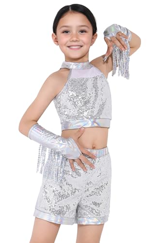 SEAUR Mädchen Pailletten Tanzkostüm Latein Jazz Tanz Outfit Kinder Metallic Glitzer Kleidung Set Schleife Crop Top, Shorts, Fransenarmstulpen 130-140cm von SEAUR