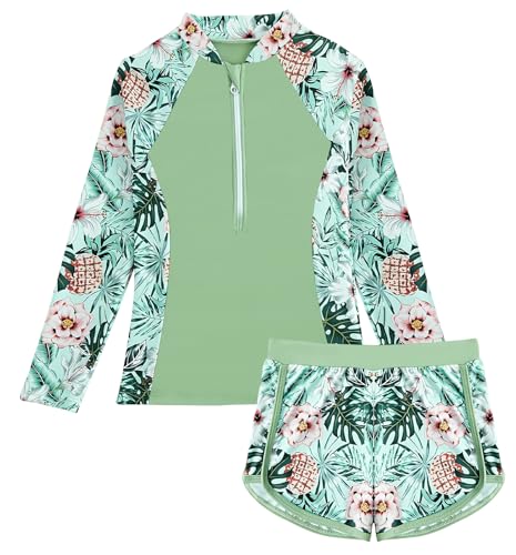 SEAUR Mädchen Rashguard Set 1/2 Zip Schwimmshirt Badeshorts Zweiteiliger Badeanzug Sonnenschutz Badebekleidung Kinder Langarm Schwimmanzug - 140 von SEAUR