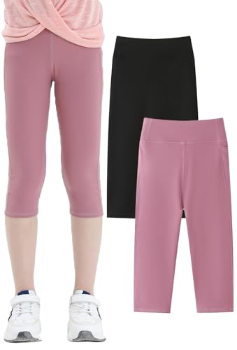 SEAUR Mädchen Sport Leggings 3/4 Yogahose mit Tasche Einfarbig Eng Jogginghose Laufhose Sporthose Trainninghose - 120 (110/116) von SEAUR