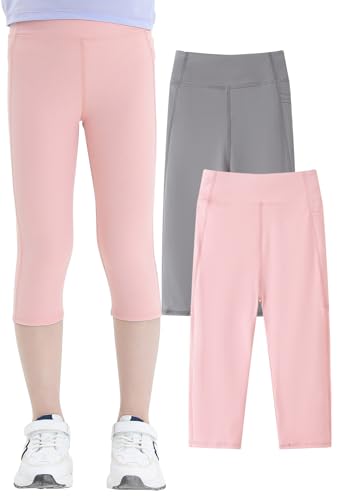 SEAUR Mädchen Sport Leggings 3/4 Yogahose mit Tasche Einfarbig Eng Jogginghose Laufhose Sporthose Trainninghose - 140 (134/140) von SEAUR