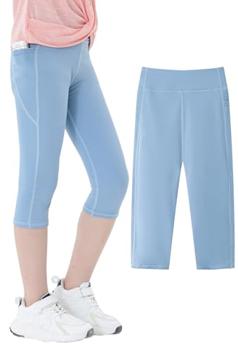 SEAUR Mädchen Sport Leggings 3/4 Yogahose mit Tasche Einfarbig Eng Jogginghose Laufhose Sporthose Trainninghose - 140 (134-140) von SEAUR
