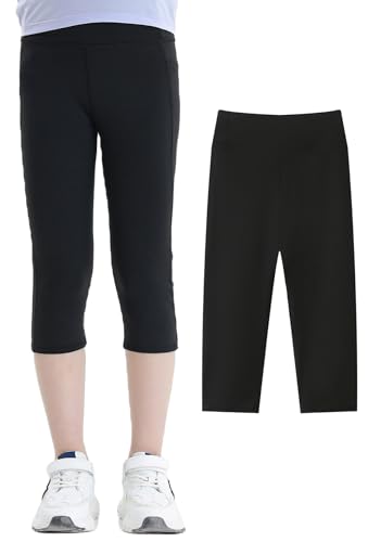 SEAUR Mädchen Sport Leggings 3/4 Yogahose mit Tasche Einfarbig Eng Jogginghose Laufhose Sporthose Trainninghose - 160 (152/158) von SEAUR