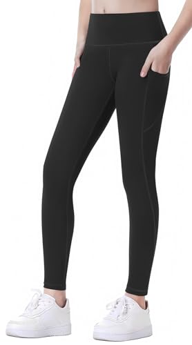 SEAUR Mädchen Sport Leggings Lang Yogahose mit 2 Taschen Einfarbig Eng Jogginghose Laufhose Sporthose Trainninghose - 120 (110/116) von SEAUR