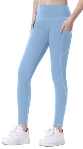 SEAUR Mädchen Sport Leggings Lang Yogahose mit 2 Taschen Einfarbig Eng Jogginghose Laufhose Sporthose Trainninghose - 120 (110-116) von SEAUR