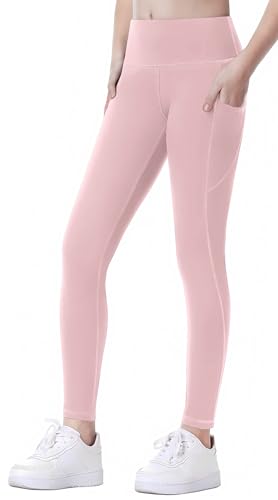 SEAUR Mädchen Sport Leggings Lang Yogahose mit 2 Taschen Einfarbig Eng Jogginghose Laufhose Sporthose Trainninghose - 160 (146-152) von SEAUR