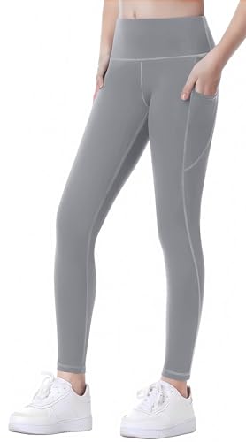 SEAUR Mädchen Sport Leggings Lang Yogahose mit 2 Taschen Einfarbig Eng Jogginghose Laufhose Sporthose Trainninghose - 160 (152/158) von SEAUR