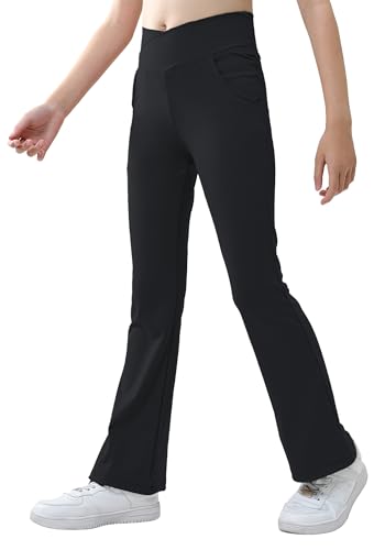 SEAUR Mädchen Sporthose Schlaghose V-line Taille Flared Leggings mit 2 Taschen Sport Yogahose Lang Bootcut Jogginghose Trainninghose - 140(130-140) von SEAUR
