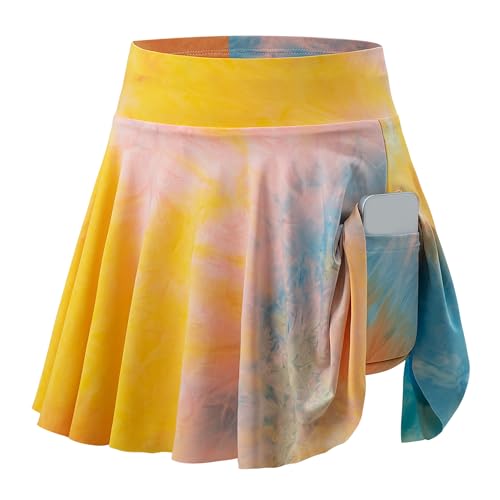 SEAUR Mädchen Sportrock mit Taschen Innenhose Tie Dye Tennisrock Kinder Faltenrock Skater Rock Süß Minirock Sommerrock Golf Skorts - 150(EU 140-146) von SEAUR