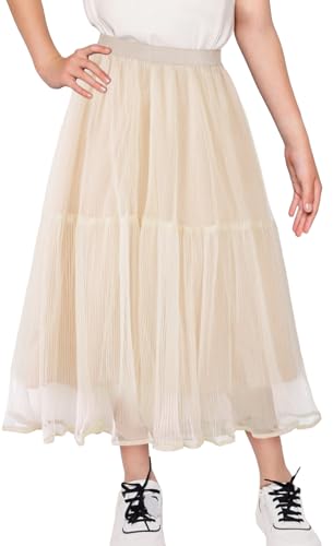 SEAUR Mädchen Tüllrock Lang Mädchen Maxi Faltenrock mit Elastischem Bund Doppelschichten A-Linie Tutu Rock Lang Chiffon Rock Beige 1 11-12 Jahre 160 von SEAUR