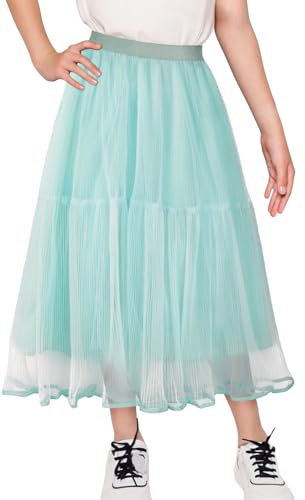 SEAUR Mädchen Tüllrock Lang Mädchen Maxi Faltenrock mit Elastischem Bund Doppelschichten A-Linie Tutu Rock Lang Chiffon Rock Grün 11-12 Jahre 160 von SEAUR