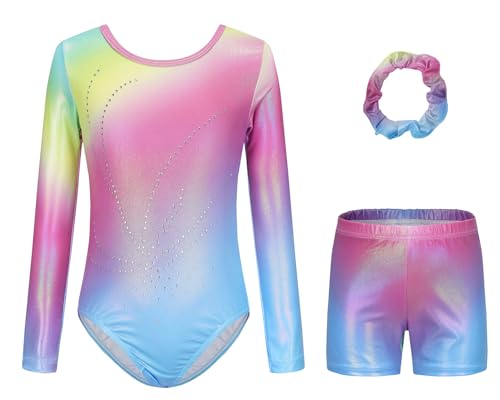 SEAUR Mädchen Turnanzug Turnshorts Set Langarm Gymnastikanzug mit Hose Kinder Trikot Turnen Shorts Gymnastik Tanzen Kleidung - 9-10 Jahre von SEAUR