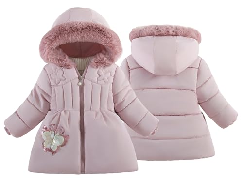 SEAUR Mädchen Warme Jacke mit Pelzkragen Leichter Puffermantel Rosa Mädchen Baumwolljacke Mädchen Oberbekleidung Kapuzen Jacke 4-5 J von SEAUR