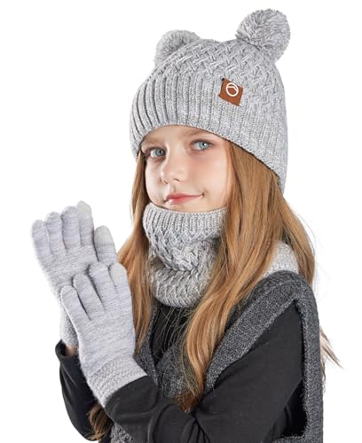 SEAUR Mädchen Winter Beanie Hut Schal Handschuhe Set Fleece Gefüttert 3-Teiliges Mütze Kinder Warme Winter Beanie Bekleidung von SEAUR