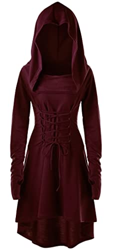 SEAUR Mittelalter Kleid Damen Gothic Kleid Rot mit Kapuze Langarm Kleider Renaissance Kostüm Kleid Cosplay für Halloween Karneval Party - S von SEAUR