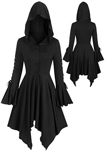 SEAUR Mittelalter Kleid Damen Große Größen Gothic Kleid Langarm Kleid Schwarz Steampunk Kleider Renaissance Kostüm Kleid für Halloween Karneval Party - L von SEAUR